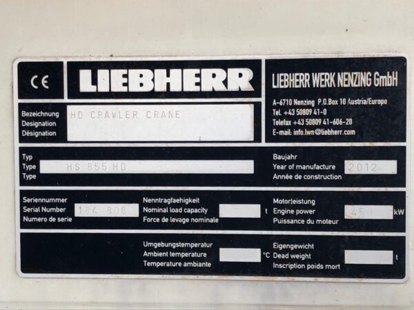 LIEBHERR HD CRAWLER CRANE HS855HD 2012 - Excelente